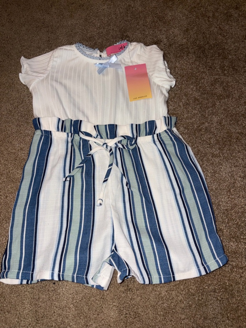 h.i.p. Blue, White & Light Green Striped Paperbag Waist Kids Shorts